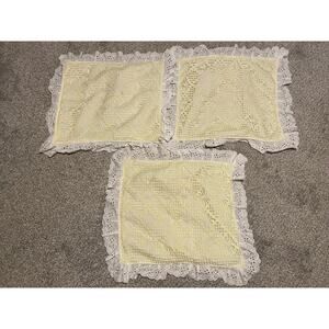VTG Pillow Shams Yellow Crochet White Eyelet Ruffle Floral Cottagecore Set Of 3